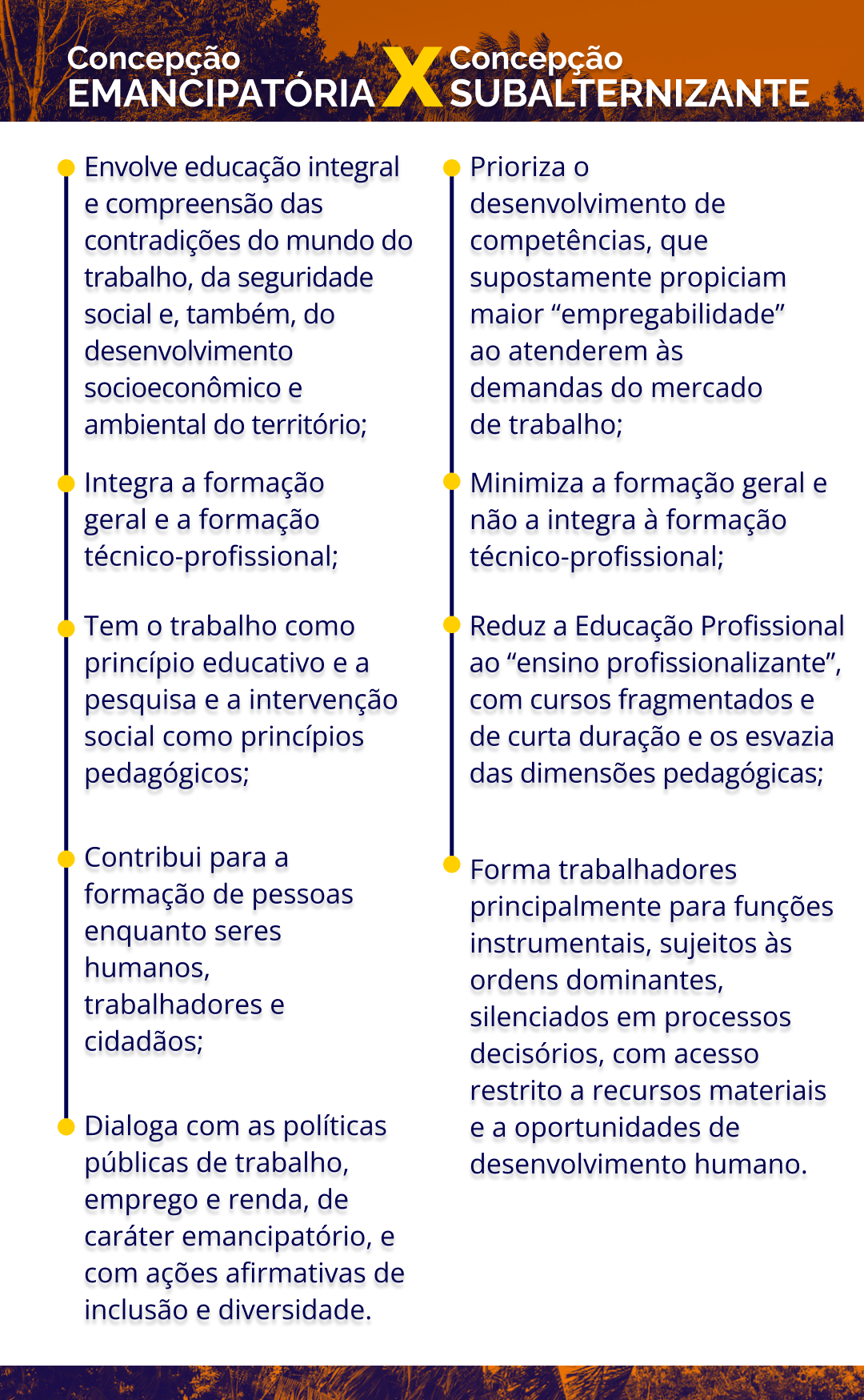 Título: Concepção emancipatória X concepção subalternizante Fonte: Schüler (2023). Elaboração: Prosa (2024).